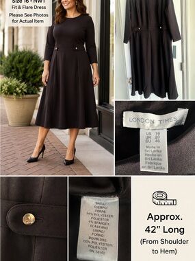 NWT London Times Women's Black Fit & Flare Midi Skirt Dress size 16